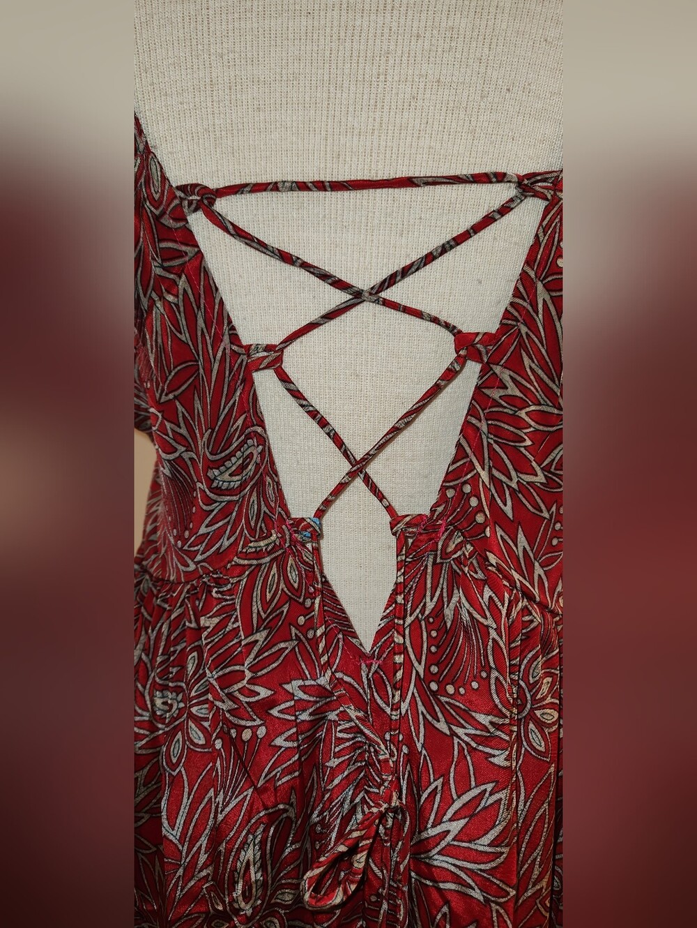 White Waves Boho Red Floral Tiered Maxi Skirt - Picture 5 of 8